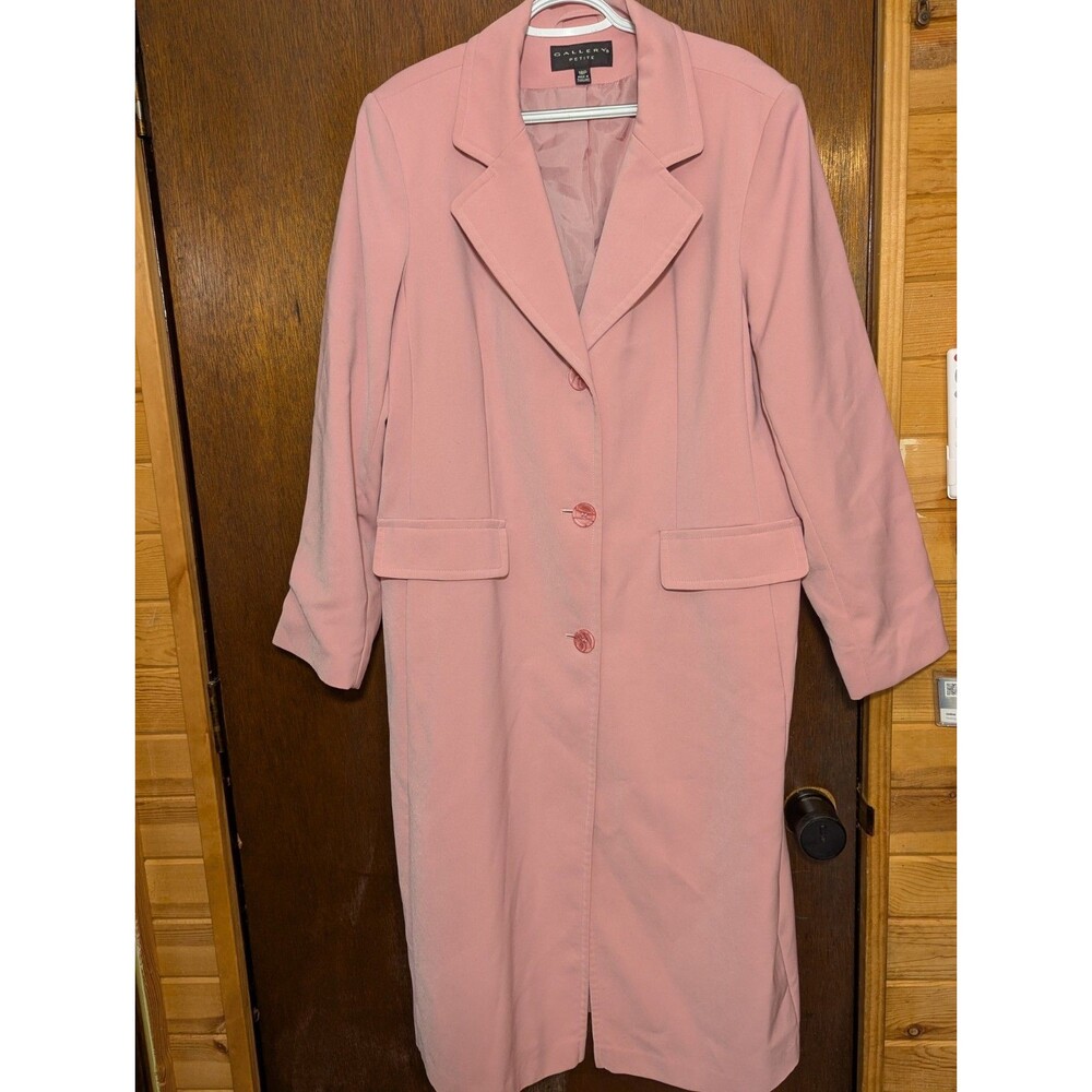 Gallery Petite Pink Long Coat Women’s 18P Belted Back Button Front Classic...